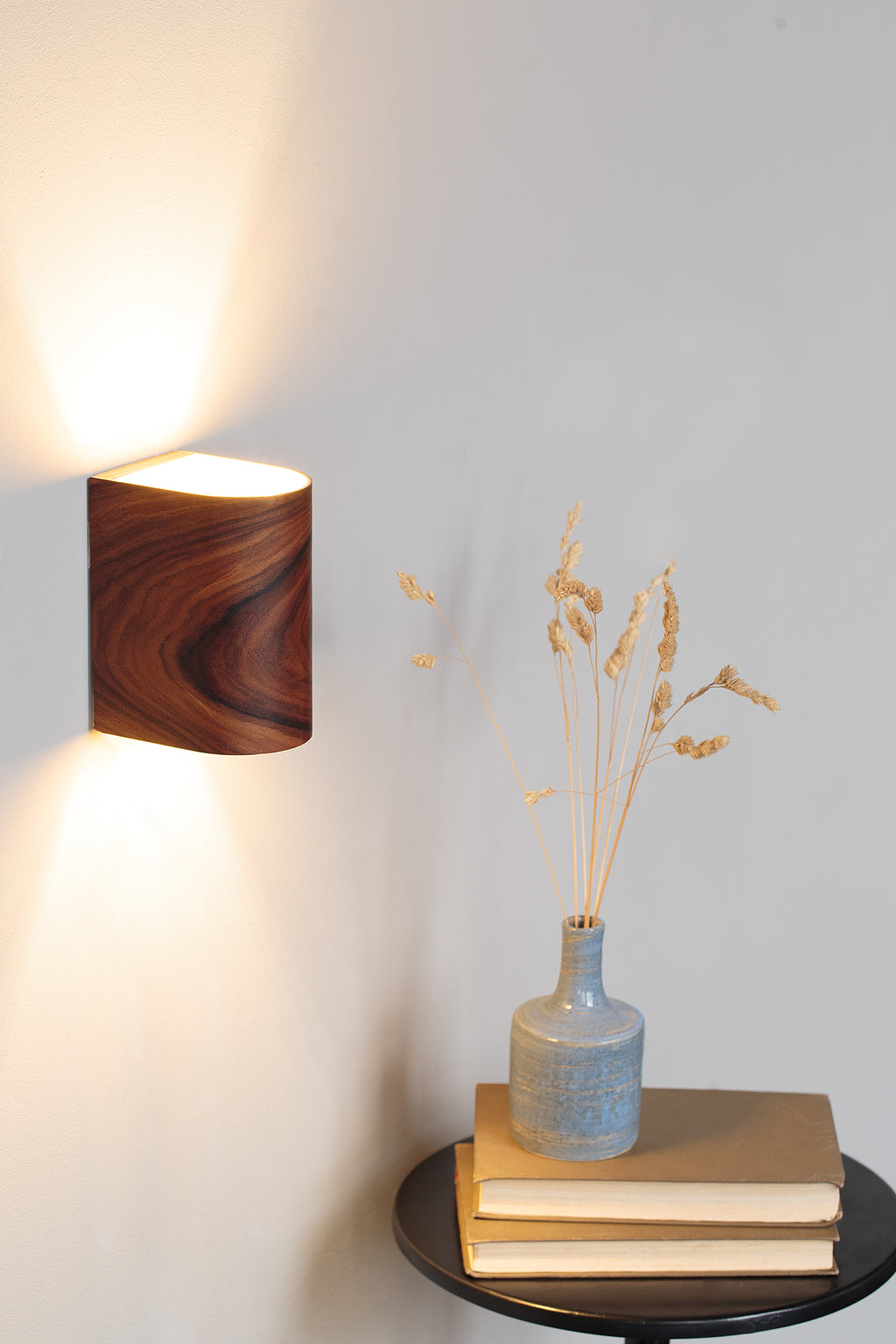 Rechargeable battery operated sconce in rosewood, remote controlled accumulator wall lamp